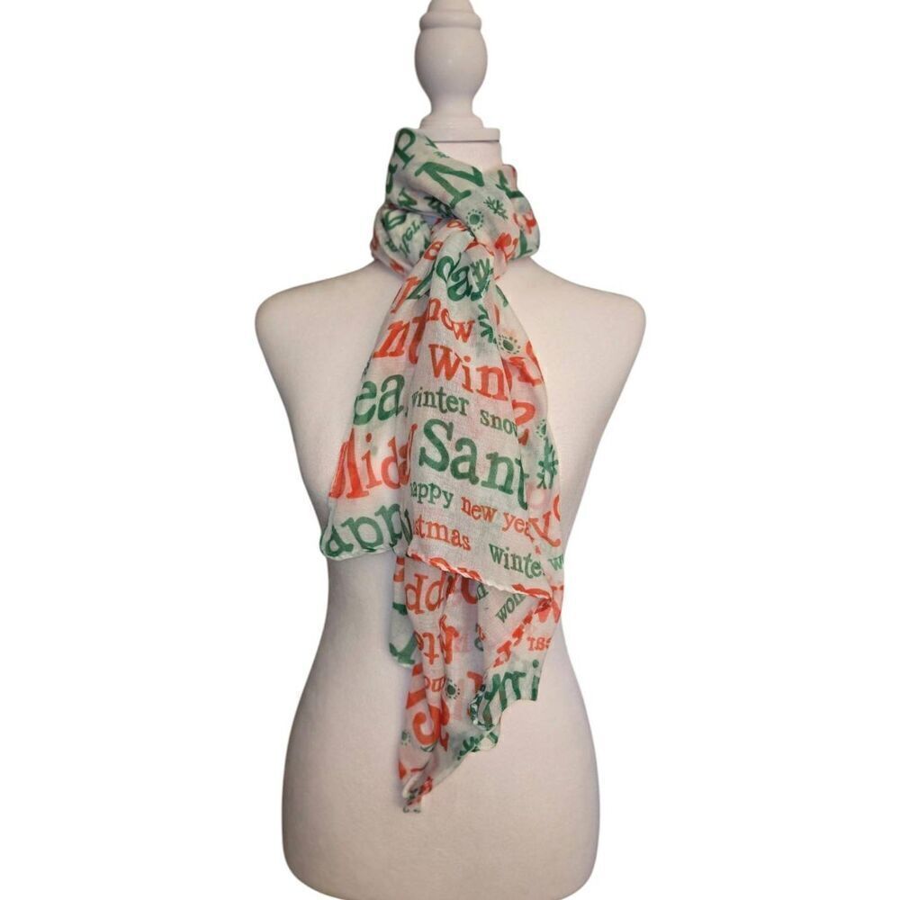Women's One Size White/Green/Red Christmas Sheer Scarf - Picture 1 of 3